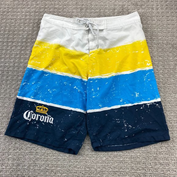 Vintage Corona Extra Beer Swim Trunks Men Medium M White Yellow Blue Stripes 90s - Picture 1 of 13